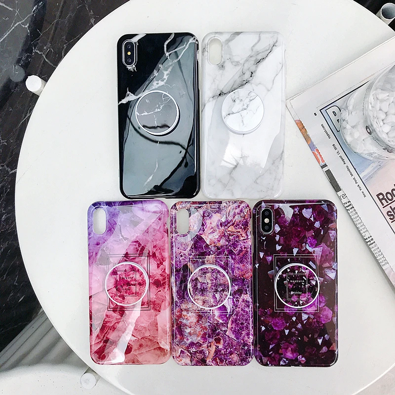

Colorful Marble veins fold Holder Stand Phone Case For iPhone XR XS MAX XS X 7 8 6S 6 Plus case soft IMD stretch Holder Cover