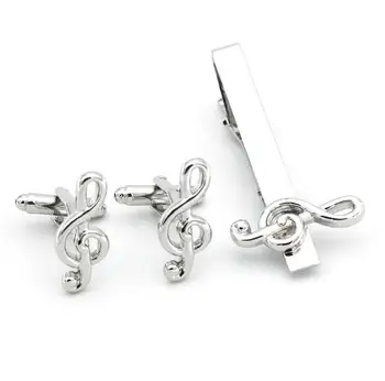 

10sets/lot Copper Music Note Cufflinks Tie Clip Set Silver Plating Musical Note Cuff Links&Tie Pin Bar Set Men's Jewelry
