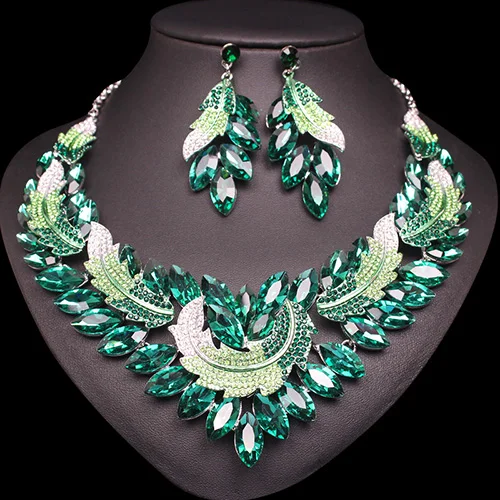 Роскошные Многоцветные наборы из ожерелья и сережек с кристаллами индийские свадебные комплекты ювелирных изделий вечерние свадебные костюм с принтом листья аксессуары для женщин - Окраска металла: green in silver