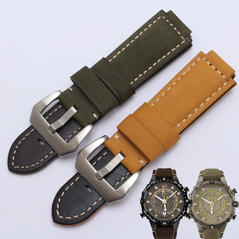 

HUXIE 24*16mm Genuine Leather Watch band Black Smooth Belt Brown Nubuck Leather Replacement Strap For Timex T2N739 T2N721 720