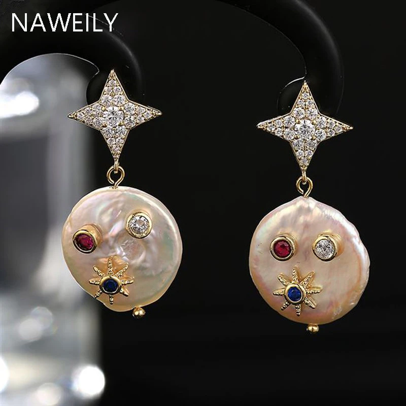 Роскошные серьги в форме звезды с натуральным жемчугом, женские серебряные серьги-капельки с цветным цирконием, модные шикарные серьги ручной работы
