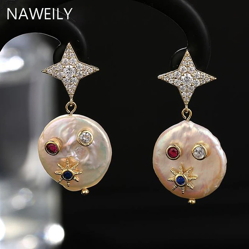 

Luxury Natural Pearl Star Earring Women 925 Silver Post Colorful Zircon Drop Earring Fashion Chic Statement Handmade Earrings