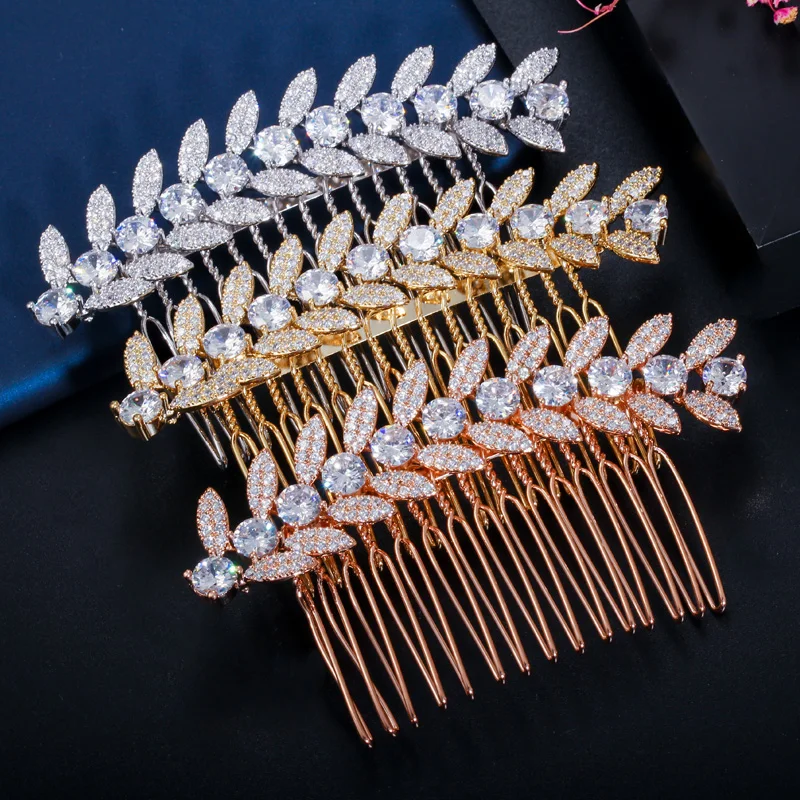 CWWZircons Luxury White Gold Color Shiny Cubic Zirconia Stone Leaf Bridal Wedding Hair Combs Pins Jewelry Accessories A011