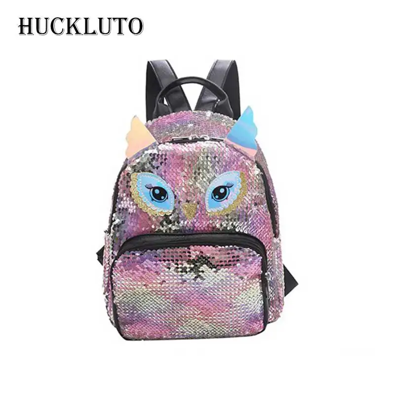 

HuckLuto 2019 New Limited Time Discount Fashion Classic Owl Animal Sequins Green Zipper Small Backpack Leather Female Backpack