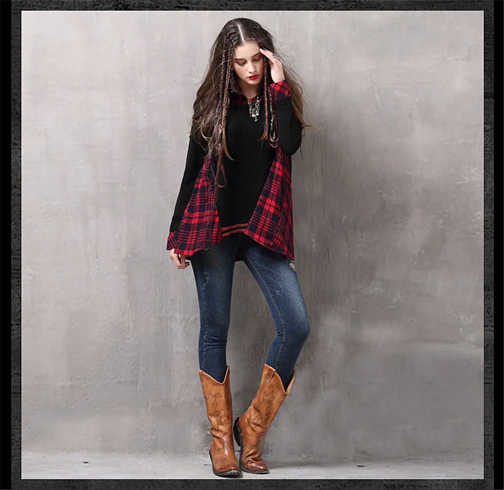 Vintage Patchwork Fake 2 Piece Women Blouse Knitted Plaid Long Sleeve Turn-down Collar Shirt Blouse For women Winter Top  (12)