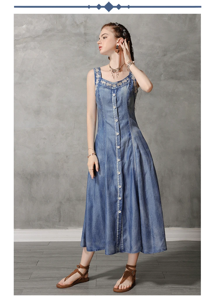 Летнее платье Yuzi. may Boho новые джинсовые женские платья с квадратным воротником без рукавов однобортные женские платья A82172 Vestido