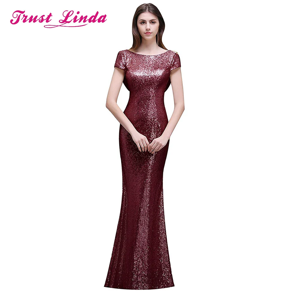 

Hot Sale Short Sleeve Mermaid Floor Length Sequin Prom Gown Unique Back Formal Evening Dresses Custom Made