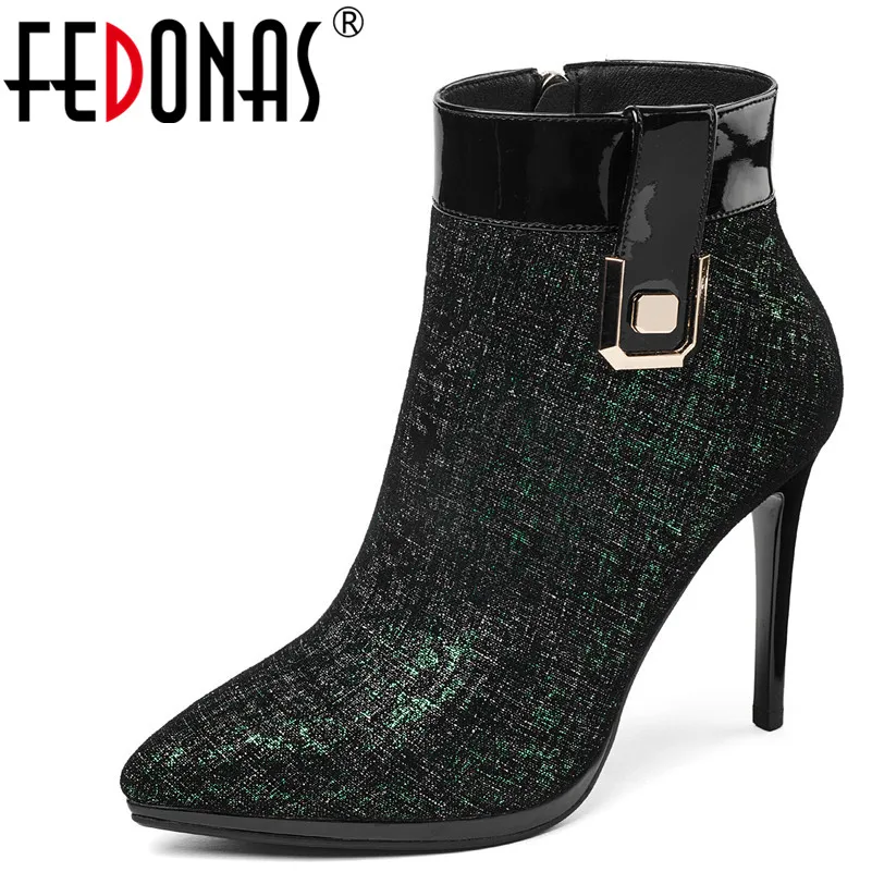 

FEDONAS 1New Arrival Women Ankle Boots Zipper Genuine Leather High Heels Shoes Woman Pointed Toe Buckle Decoration Martin Boots