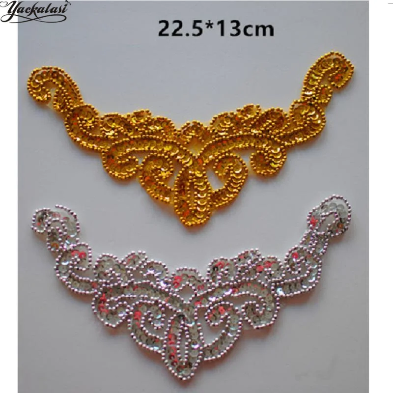 

YACKALASI 10 Pcs/Lot Gold Sequined Appliqued Beads Headwear Cosplay Costume Trims Gold And Silver High Quality Collar 13*22.5cm