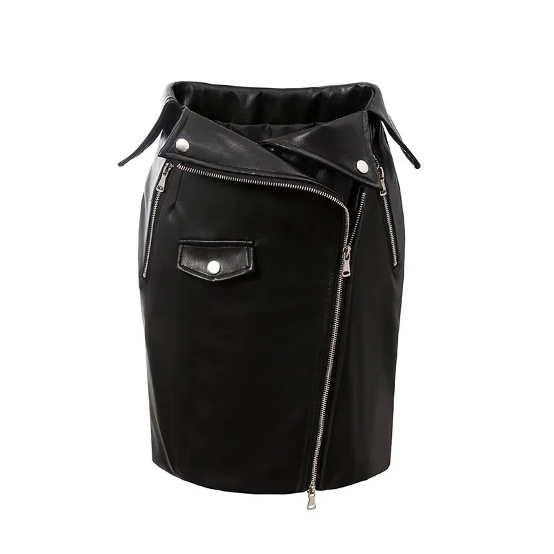 T2173 Handsome European Wind Skirt Early Spring Suit-dress Metal Dora Chain Low-waisted Package Buttocks PU Skin Half-body | Женская