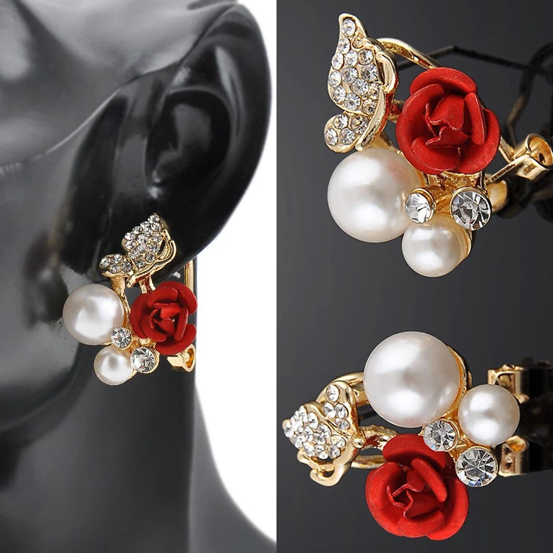 2pcs Vintage Red Rose Butterfly Earring Shellahrd Rhinestone Crystal Bead Brincos Stud Earrings Fashion Wedding Jewelry Gift