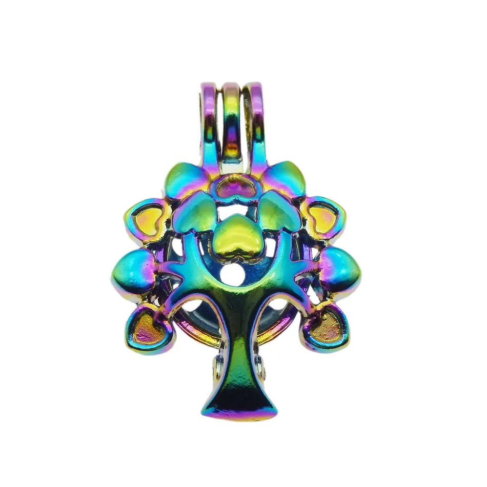 10pcs Rainbow Color Zinc Alloy Pearl Cage Pendants Life Tree Aromatherapy Essential Oil Diffuser Jewelry Necklace DIY Jewelry