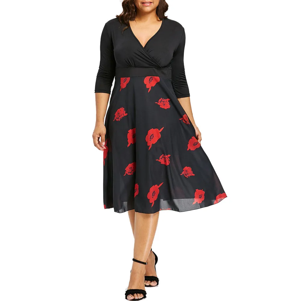 

Autumn Patchwork Dress Women Fashion Polka Dots Printed Dresses Party Ladies V-Neck Casual Bandage Black Dress Plus Size #Zer