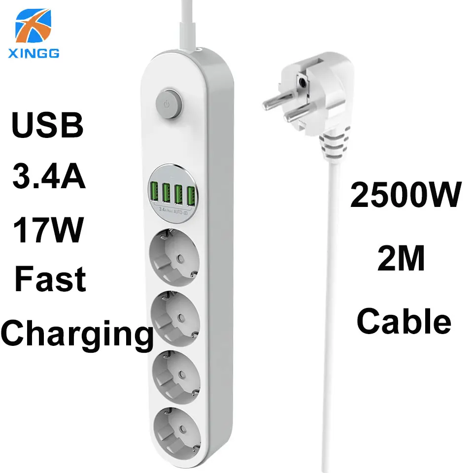 

Eu Plug Power Strip With Switch 4 Outlets Fast Charging Multi USB Electric Extension Socket 2M Cord Cable Surge Protector 10A