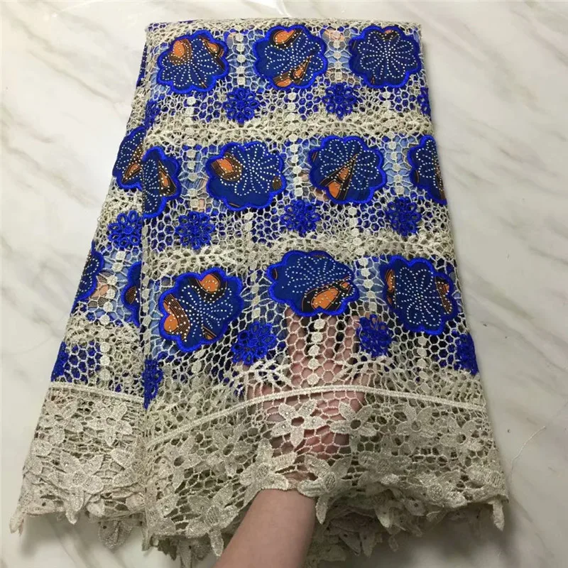 

HFX Print Nigeria Fashion African Lace Fabric Royal Blue Guipure Cord Embroidery Lace Ankara Wax Lace Fabric with Stones X1336