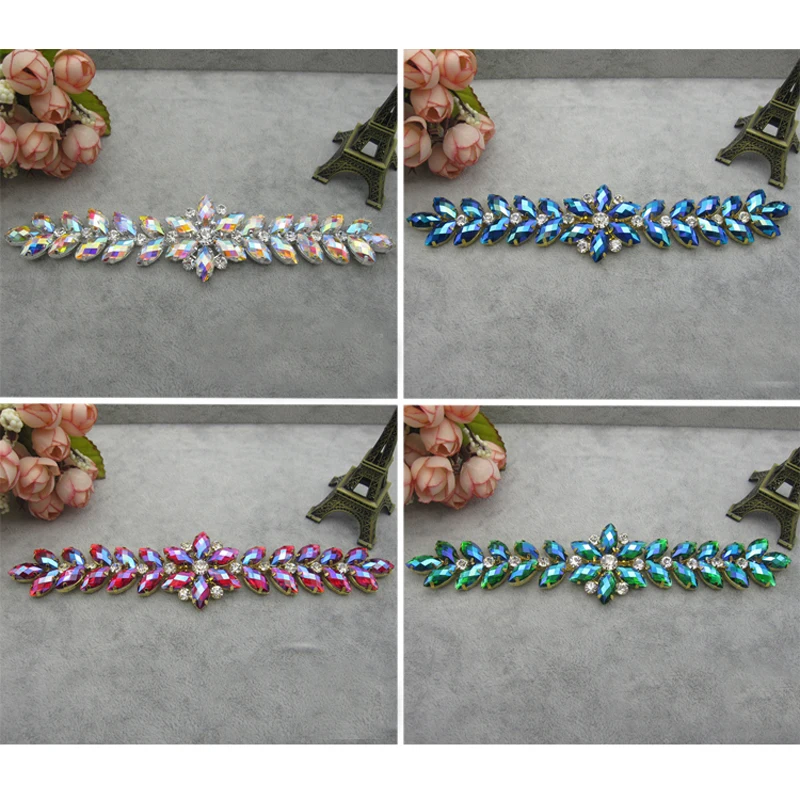 

4.5x19.3cm Tassel Gold Base fashion cristal applique Strass Sewing On Rhinestones Applique Party Dress Decoration