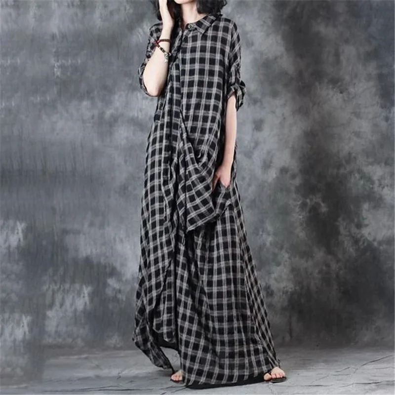 BUYKUD 2018 Summer Retro Lattice Splicing Printed Maxi Irregular Dress Polo Collar Half Sleeve Side Split Loose Buttons Dresses Dresses