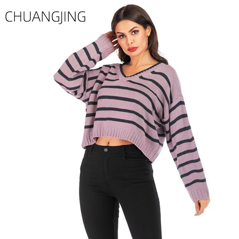 

Casual Knitted Sweater Women Autumn Winter V-neck Long Sleeve Striped Loose Pullovers Sweater Ladies Fashion Streetwear Sweater