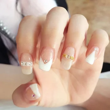 

Bride Nail Art Sticker Series Gold Chain Diamond Decor White Stitching Color Full Cover French Nails With Glue Fake Nail Tips