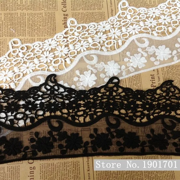 

Новинка, 5 ярдов, 15 см, изысканная хлопковая вышивка, кружево, белая, Черная кружевная отделка, лента