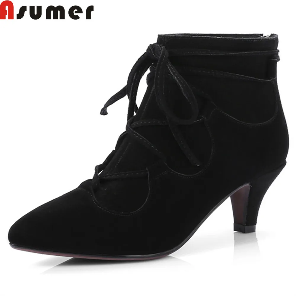 

Asumer black Nude color new arrive women boots zipper cow suede boots pointed toe cross tied ankle boots big size 34-42
