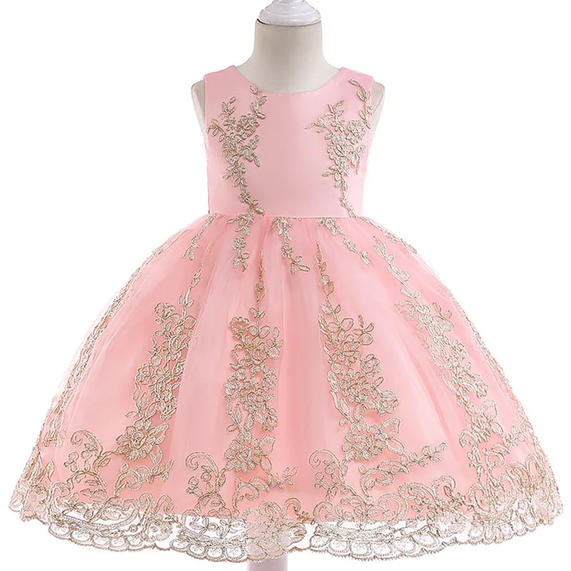 Детские штаны с заниженным шаговым швом в европейском и американском стиле Костюмы платье принцессы для девочек золотой нитью свадебное платье с вышивкой с цветочным рисунком Детские платья для девочек - Цвет: Pink