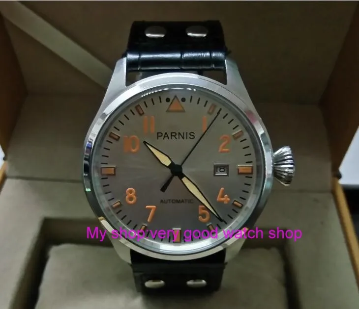 

47mm PARNIS silvery-white dial Automatic Self-Wind movement Auto Date men watches luminous hands Mechanical watches DF276A