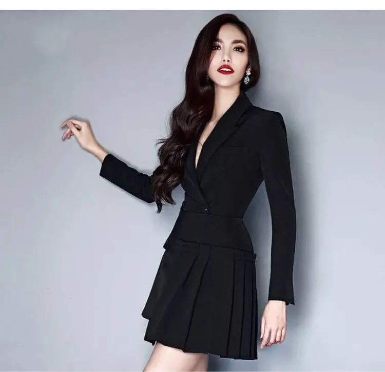 Женский деловой костюм с юбкой, корейская мода, элегантный блейзер с неровными оборками+ мини-юбка, черный офисный комплект из двух предметов