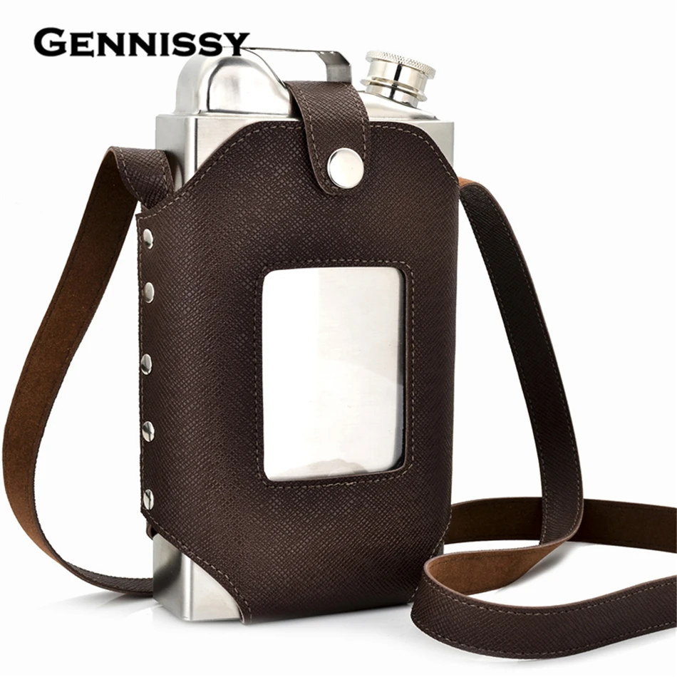 GENNISSY 35oz Big Hip Flask with Super Good Quality Leather Holster Large Capacity Stainless Steel Steel
