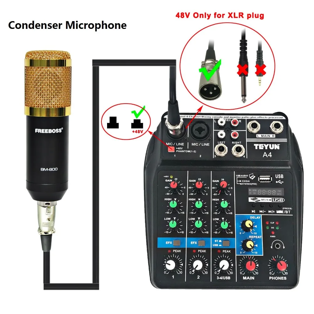 A4 Multi-purpose Audio Mixer with Bluetooth Record 4 Channels Input Mic Line Insert Stereo USB Playback Sound Card