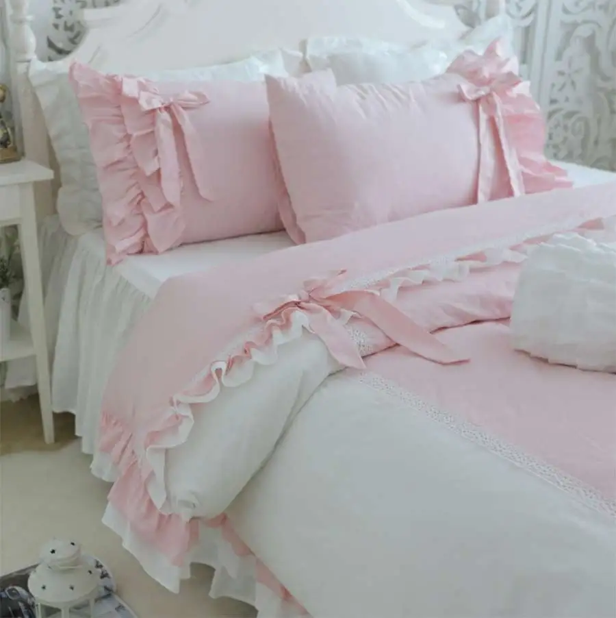 Ruffle fairyfair pink bedding set girl,cotton twin full queen king