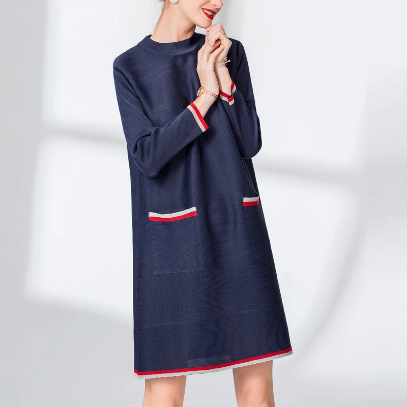

Changpleat 2019 Spring New Loose Pocket A Line Dresses Miyak Pleated Fashion Design Stand Collar Long Sleeve Large Size Dress