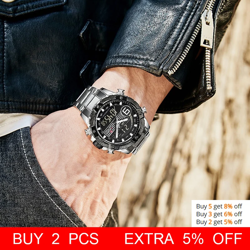  2019 Men Watch NAVIFORCE Casual Sports Digital Chronograph Military Dual Display Stainless Steel Qu