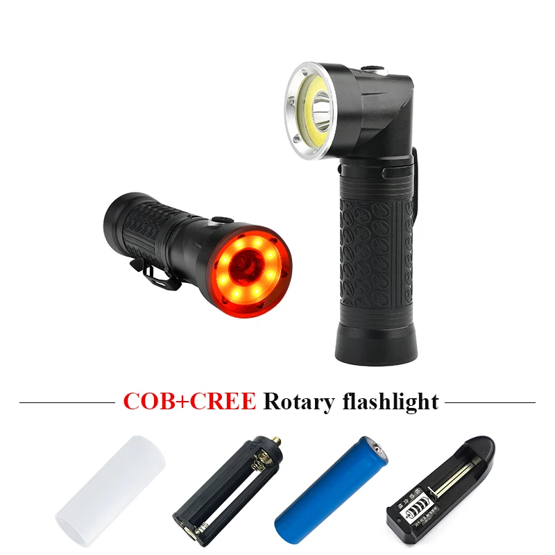

led torch flashlight 90 degree folding xml t6 18650 Dual light source Red light white light COB flash light lantern with magnet