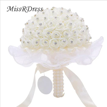 

MissRDress Rhinestones Wedding Bouquet Ivory Atificial Rose Bridal Bouquet Lace Pink Bridal Holding Flowers For Wedding JK111