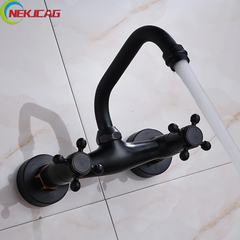 

Luxury Blackened Hot and Cold Kitchen Sink Faucet Wall Mounted Dual Handle Bathroom Kitchen Mixer Tap