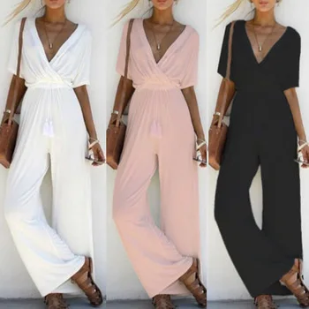 

Women V Neck Jumpsuit Loose Short Sleeves Casual Rompers for Summer H9