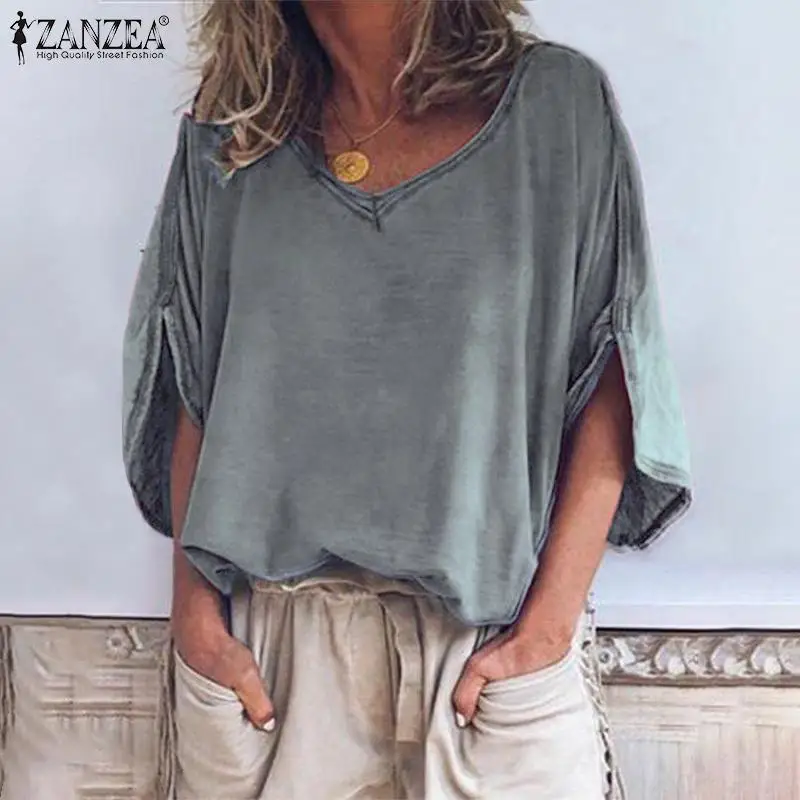 

2019 Plus Size ZANZEA Summer Shirt Women Casual Solid V Neck 3/4 Sleeve Loose Tunic Top Fashion Split Party Blouse Female Blusas