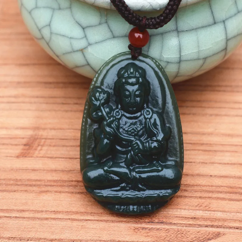 Natural Green Hetian Jades Pendant Handmade Carved Guanyin Bodhisattva