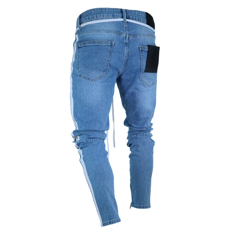 Узкие джинсы для мужчин, потертые джинсы стрейч, голубые рваные джинсы скинни, облегающие джинсы, Прямая поставка, дизайн ленты