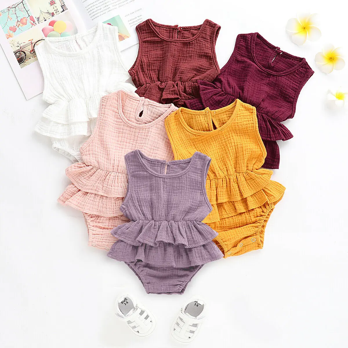 

Newborn Kid Baby Girl Clothes Sleeveless Romper Tutu Dress Sunsuit Home Cotton Linen Blend Solid Outfit Playsuit Clothes 0-2Y