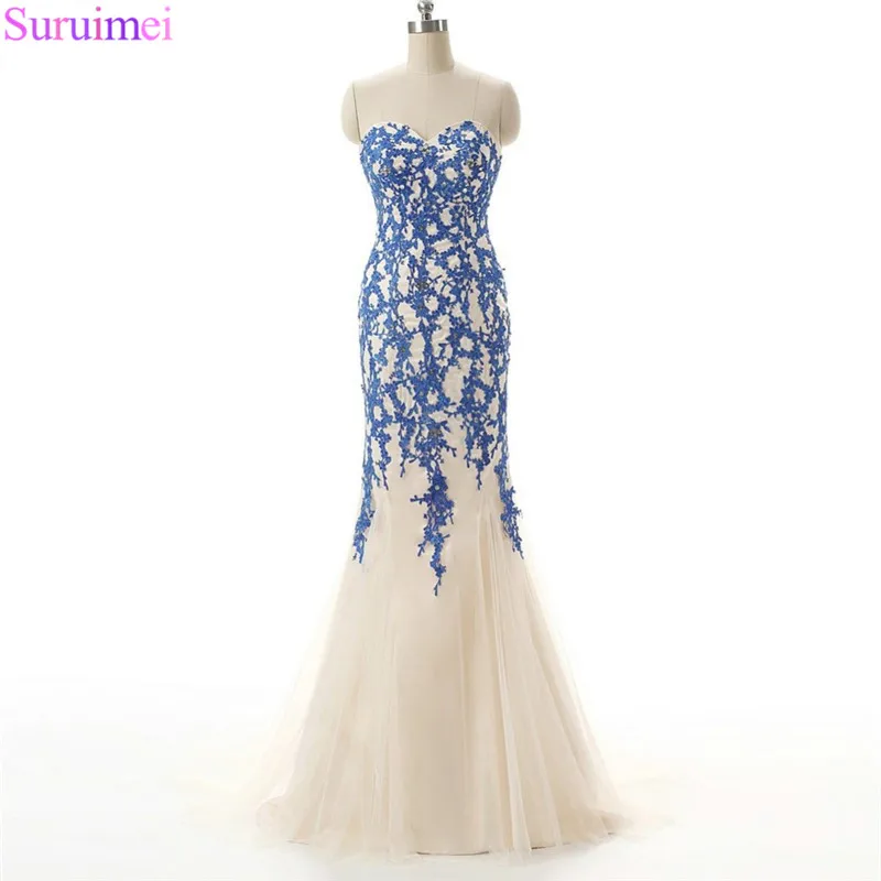 14 High Quality Tulle Light Champagne Color With Applqiue Sweetheart Long Evening Dresses Lace-up Back Mermaid Formal Evening Gown Vestido Longo