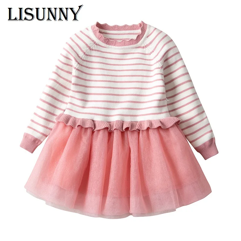 2022 Spring Autumn Girls Sweater Dress Stripe Jumper Baby Children