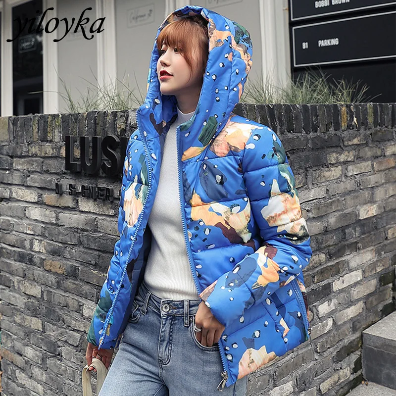 

New Print Winter Jacket Women Parkas Mujer 2019 Autumn Long sleeve Hooded Short Padded Down Jacket Parka Warm Cotton Coat Women
