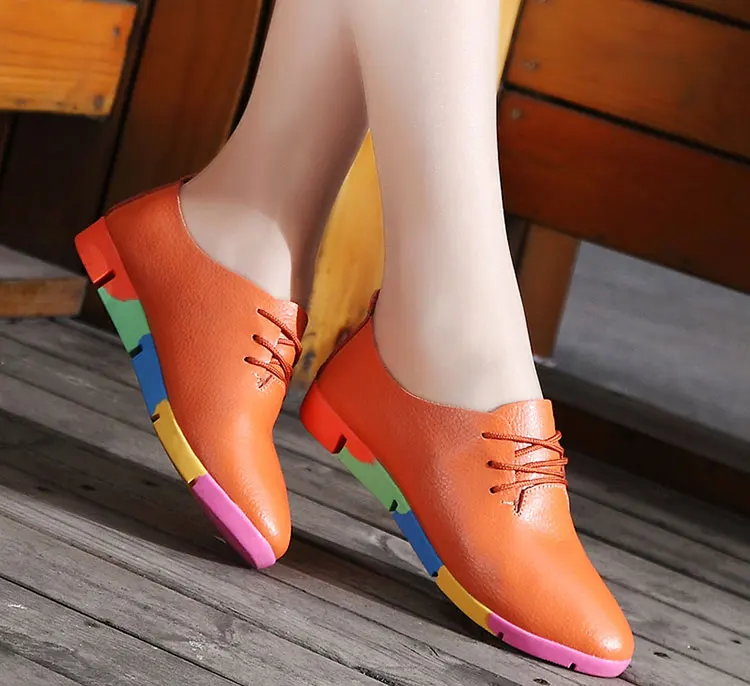 Women's Stylish Genuine Leather Flats Shoes Orange