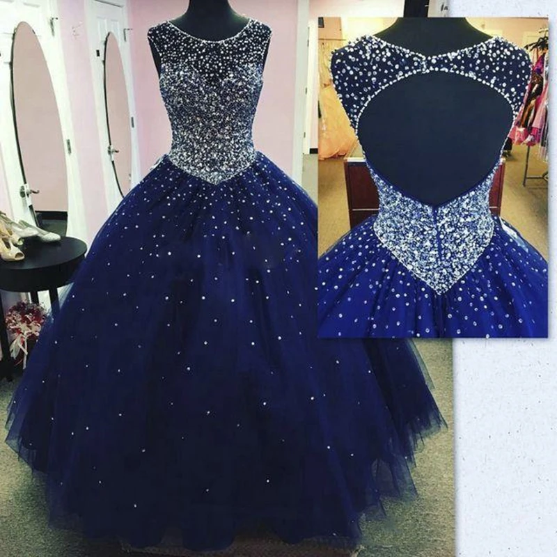 

Modest Sparkly Dark Blue Prom Dress Masquerade Sheer Neck Open Back Bling Crystal Pageant Dresses