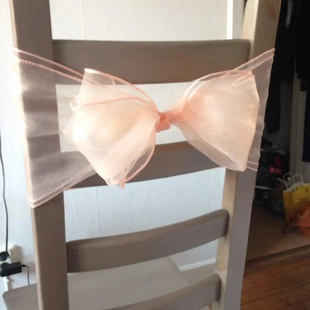

Fatory price 25pcs High Quality light coral /peach Organza chair sashes Bow Cover Wedding decoration Banquet Venue Decoration