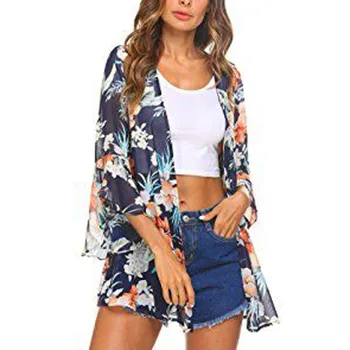 

2019 Summer Floral Print Cardigan Bikini Cover Up Chiffon Swimwear Women Beach Dresses Swimsuit Kaftan Beach Pareos Beachwear