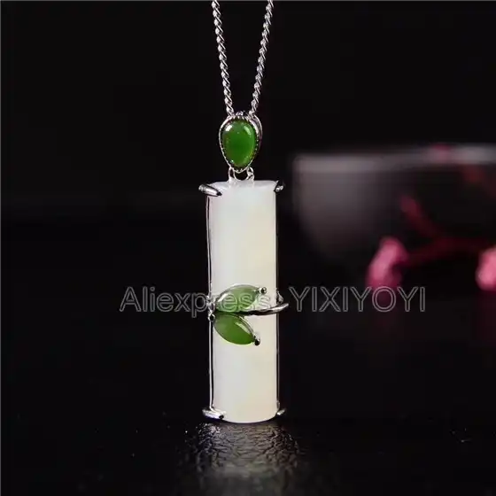 White Hetian Jade Bamboo Necklace-Bamboo Jade Necklace Pendant-925 Silver Necklace-Charm Necklaces-Inlaid Jade Jewelry