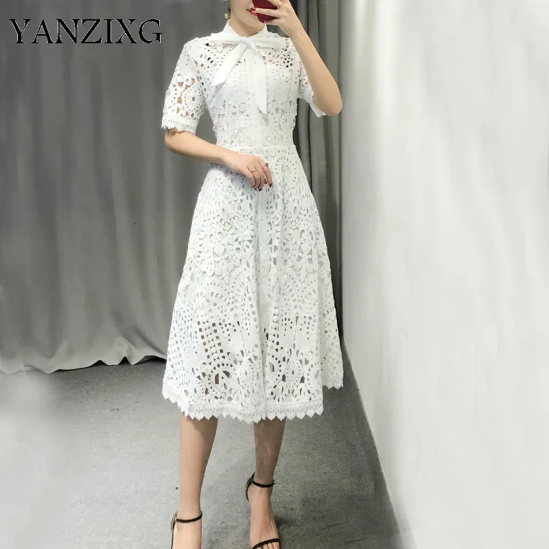

2019 New Summer Fashion Women Clothing Vintage Short Sleeve Bow Knee-length Lace Dress Female Vestido R137